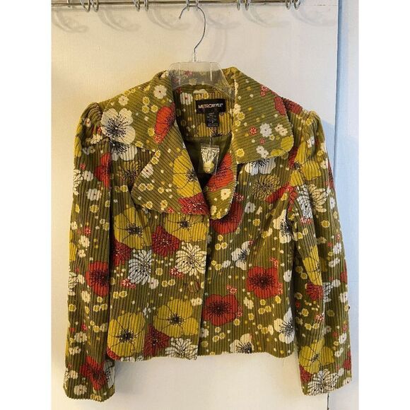 Metro Style Corduroy green Blazer Flowers Small 70's ugly jacket new - Picture 1 of 5